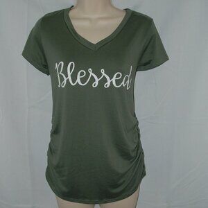 LIKE NEW Olive Green Sz Small Stretchy Microfiber Blessed Christian Theme Shirt